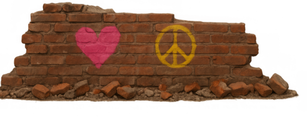 Crumbling brick wall showing peace and love graffiti on transparent background