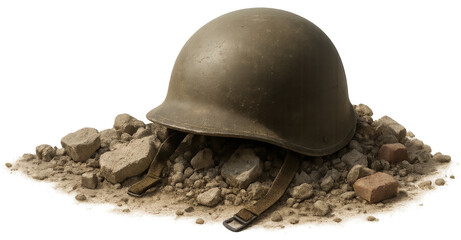 Army helmet on rubble, isolated for design use