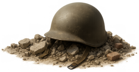 Army helmet on rubble, isolated for design use
