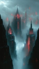 Crimson Gothic City in the Clouds: A Fantasy Metropolis