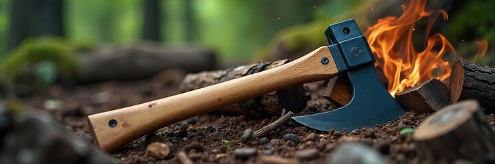 A sturdy, multi-tool axe nestled amongst camping gear; ideal for firewood preparation and emergency situations  Perfect for wilderness survival and outdoor adventures ,  dependable,  forest