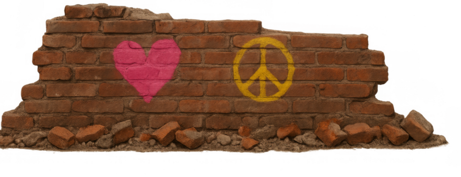 Crumbling brick wall showing peace and love graffiti on transparent background