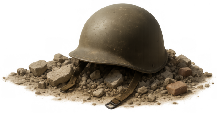 Army helmet on rubble, isolated for design use
