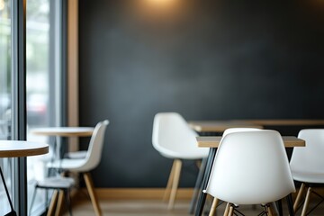 Empty cafe interior, white chairs, dark wall, natural light