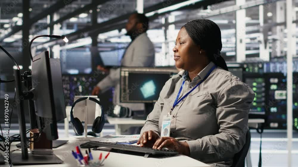 Poster data center computer scientist using pc to monitor artificial intelligence visualization. server far