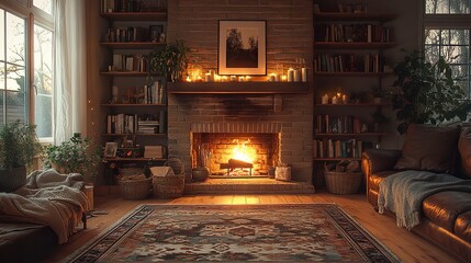 Cozy home interior with vintage-style fireplace and warm ambient lighting  