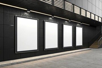 Fototapeta premium Font view on three blank white posters with place for your logo or text on black wall. 3D rendering, mock up.