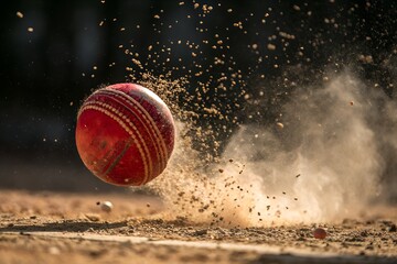 Cricket ball impacting dusty ground dynamic action shot