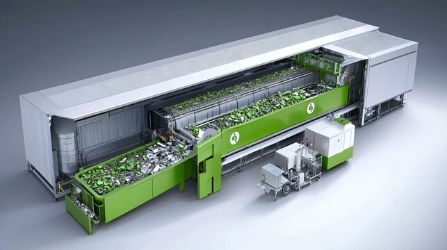 A cross-section render of e-waste recycling line showing PCB shredders, magnetic separation, acid leaching reactors, and precious metal recovery tanks in one image