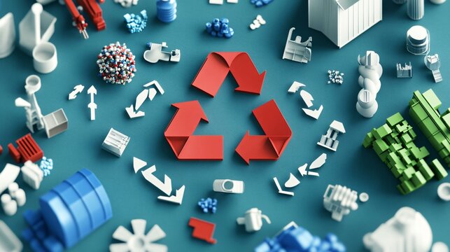 A stylized infographic of a recycling plant superimposed on a globe, with arrows tracing material lifecycle and icons representing sorting, processing, and reuse stages
