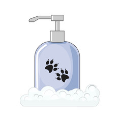 Vector illustration of cat shampoo, soapy bubbles, modern pet care product for hygiene and cleaning