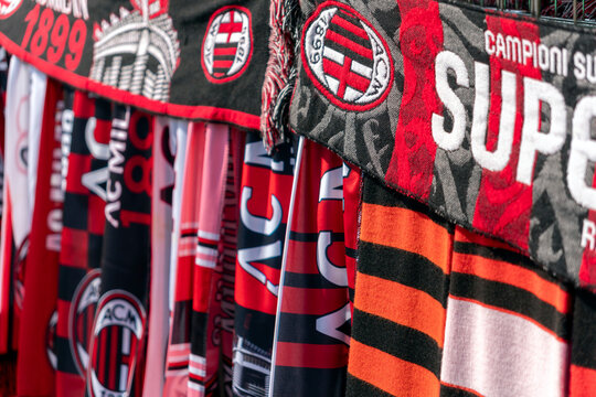 Colorful AC Milan scarves displayed in a sports shop at the San Siro stadium in Milan
