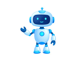 Happy robot. 3d ai character, chat bot mascot isolated on white background, GPT chatbot icon. Artificial intelligence, trendy technology, support service, funny automation