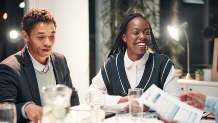 Documents, office and business people in meeting for financial review, budget report and feedback. Corporate team, professional and workers with paperwork for collaboration, strategy and planning