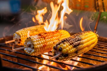 Grilled corn on the cob with spices and lime in a street vendor setting.