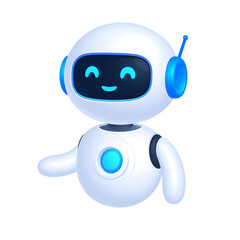 Happy robot. 3d ai character, chat bot mascot isolated on white background, GPT chatbot icon. Artificial intelligence, trendy technology, support service, funny automation