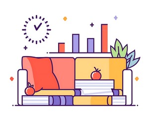 Cozy couch with books, clock, and charts.