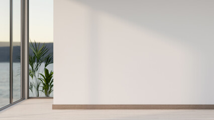 Fototapeta premium Empty white wall along the wooden parquet floor corridor or hallway with glass walls and sea scenery