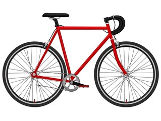 Fototapeta premium A vibrant red fixed gear bicycle is displayed against a clean white backdrop, showcasing its sleek design and minimalist aesthetic for urban commuting at its fi.