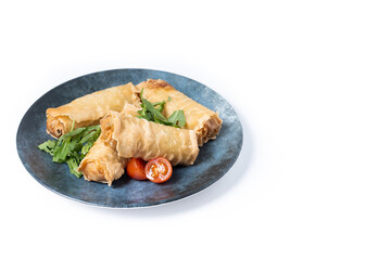 Crispy Spring Rolls on Ceramic Plate isolated on white background. Copy space