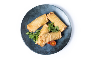 Crispy Spring Rolls on Ceramic Plate isolated on white background