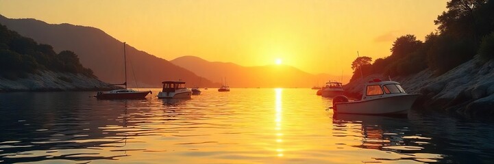 Obraz premium Golden hour sunlight bathes a calm waterfront scene, boats gently bobbing, reflecting the warm light Perfect for summer vacation, travel, and relaxation themes , landscape, tranquil, outdoor