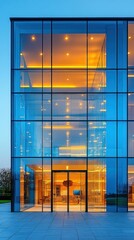 Illuminated Glass Facade of a Modern Building at Dusk