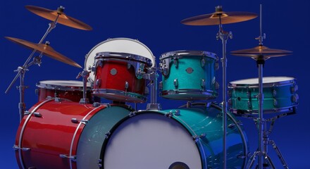 Vibrant drum kit displayed against a deep blue backdrop in studio shot