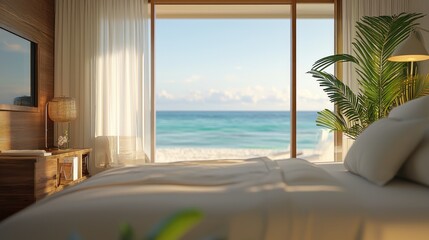 Fototapeta premium Oceanfront Bedroom: Tranquil Coastal Escape