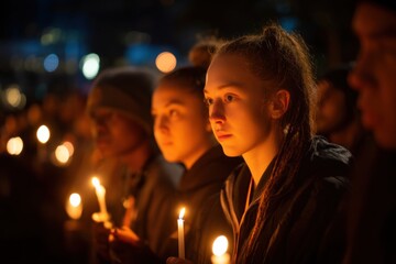 Young People Holding Candles at Night in Remembrance, Representing Hope and Community Support During a Vigil Event : Generative AI