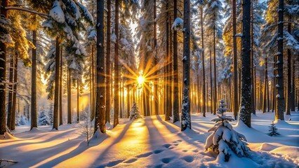 Sunlight pierces through snowcovered pine trees, casting long, golden shadows across the pristine forest floor
