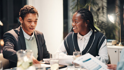 Documents, discussion and business people in meeting for financial review, budget report and feedback. Corporate team, office and workers with paperwork for collaboration, strategy and planning