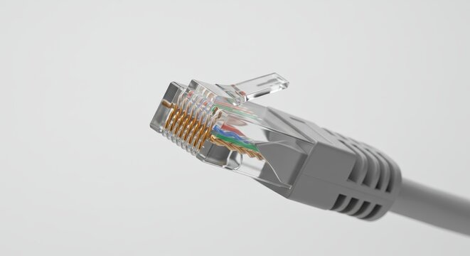 Detailed view of a gray Ethernet cable connector for network connectivity