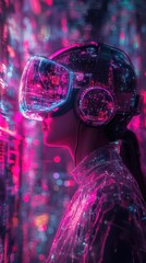 Neon Metaverse: Woman in VR Headset Experiencing a Futuristic Digital World