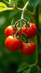 A close up of a healthy, vibrant cluster of ripe red tomatoes growing on the vine in a garden or greenhouse