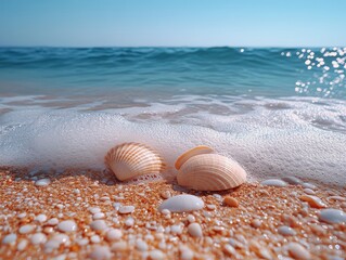 Obraz premium Gentle waves approach the sandy shore creating ripples as scattered seashells and pebbles adorn the brown sand. The clear water reflects the bright summer sky inviting relaxation