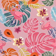 seamless pattern with flowers Colorful tropical pattern with flamingos, papaya, flowers, and bold leaves on soft pink.
