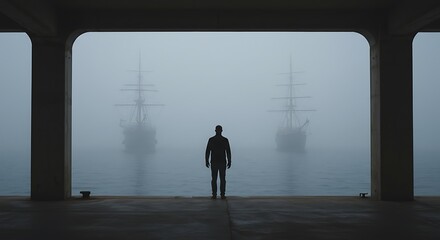 A mysterious sailing ship emerges from thick fog, its sails unfurled, hinting at a ghostly presence on a dark, calm sea.
