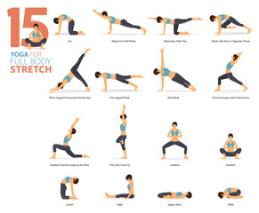 Fototapeta na wymiar 15 Yoga poses or asana posture for workout in body stretch concept. Women exercising for body stretching. Fitness infographic. Flat cartoon vector.