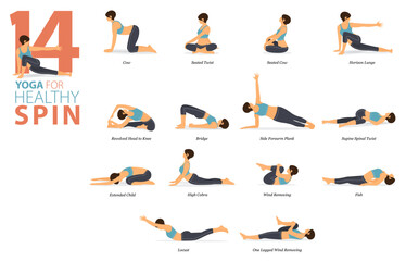 Fototapeta na wymiar 14 Yoga poses or asana posture for workout in healthy spin concept. Women exercising for body stretching. Fitness infographic. Flat cartoon vector.