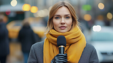 female journalist reports live from a city street on crisp autumn day. journalist shares updates on urban events and seasonal trends.  journalism highlights  role, journalist in reporting city life.