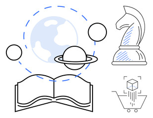 Open book with orbiting planets, globe, chess knight for strategy, and digital cart with a cube. Ideal for education, strategy, innovation, science technology e-commerce creativity. Flat simple