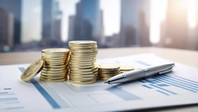 Coins Stack and Stock Graphic sheet with Pen and blur building in the city background.