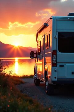 A sleek, modern RV parked by a serene lake at sunset, reflecting the golden hour light Ready for adventure and relaxation , mountains, recreational vehicle