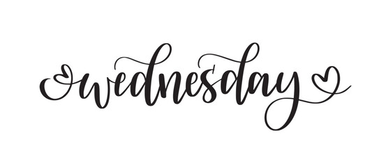 Wednesday hand-written script with hearts. Days of the week for stories, posts, scrapbooking and wall art. Journalling and planners. Vector design