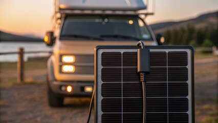 A solar panel charges a camper van by a lake at sunset, showcasing eco-friendly travel and adventure.