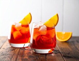 Summer cold cocktail with ice cubes, juice and slices orange on wooden table.