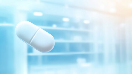 Floating capsules on a digital medical backdrop for innovation-focused pharmaceutical presentations. Advanced biotech solutions and AI research drive progress in drug discovery and healthcare
