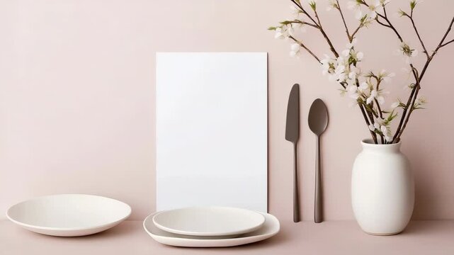 A white plate with a fork and knife on a table next to a vase with flowers. The table setting is simple and elegant, with a focus on the vase and the flowers