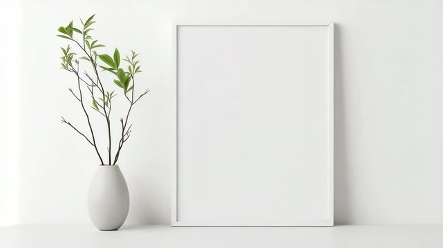A white framed picture sits on a table next to a vase. The empty vase and the white picture create a sense of emptiness and simplicity